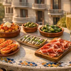 Co zjeść w Barcelonie? Talerz tapas: patatas bravas, oliwki, papryczki padron, sardynki, jamón, pan con tomate i kieliszek cava.