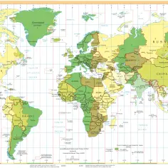 Mapa świata ze strefami czasowymi. Widać USA, Kanadę, Europę, Azję i Australię. Warto sprawdzić, kiedy zmiana czasu w Nowym Jorku.