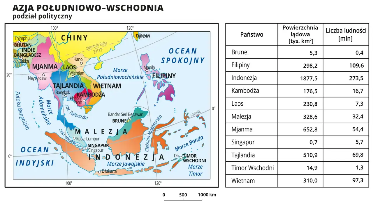 Mapa Azji Południowo-Wschodniej z zaznaczonymi państwami i ich stolicami. Gdzie się znajduje Singapur? Na mapie widać go jako małą wyspę przy Malezji.