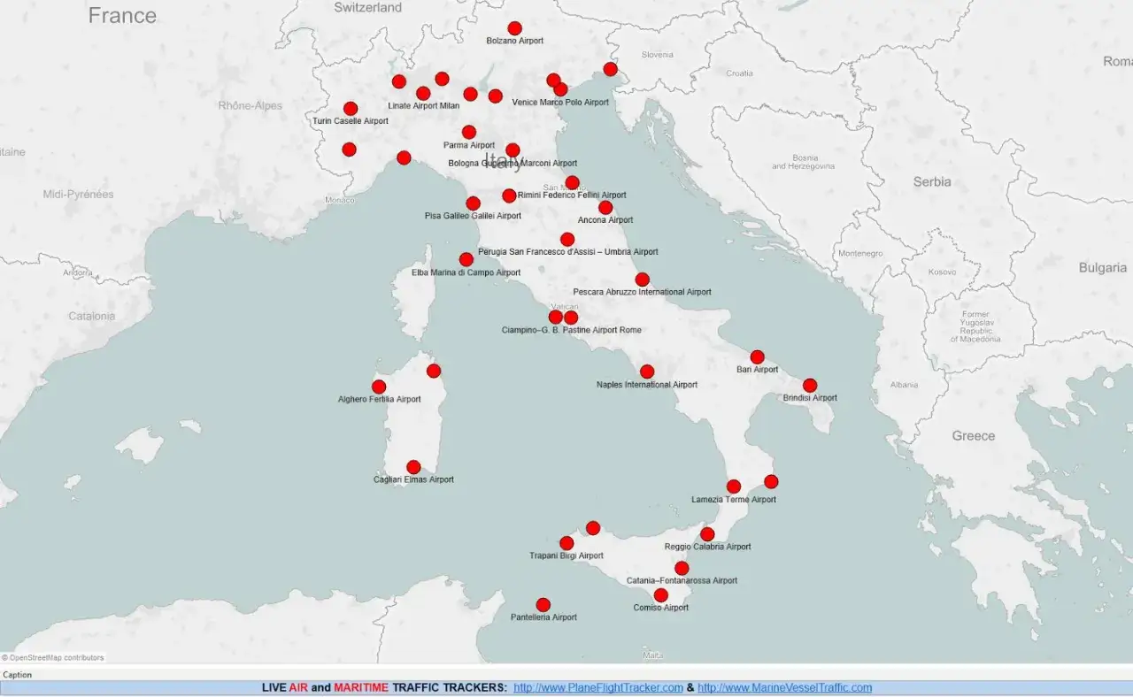 Mapa lotnisk we Włoszech, pomocna przy planowaniu, jak szukać tanich lotów do Włoch. Czerwone punkty oznaczają lotniska.