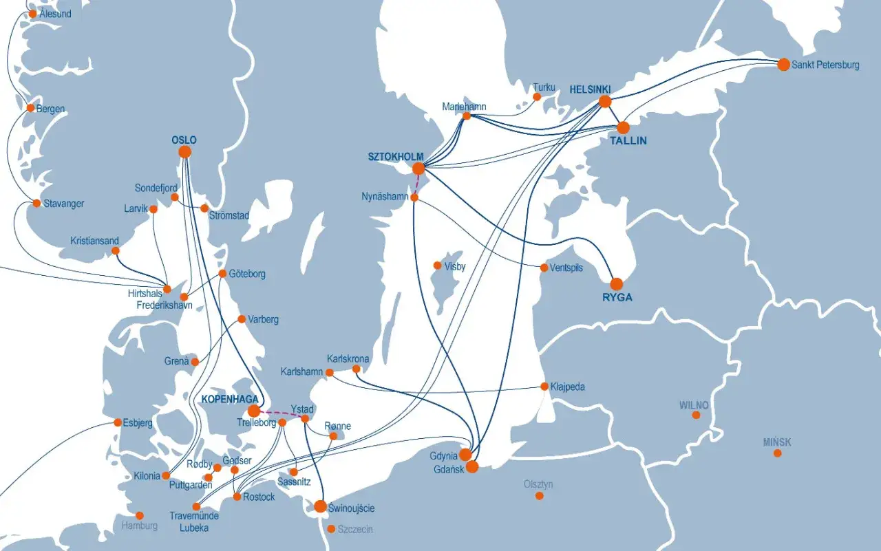 Mapa tras promowych z portami w Skandynawii i krajach bałtyckich. Sprawdź, ile kosztuje prom do Szwecji, planując podróż.