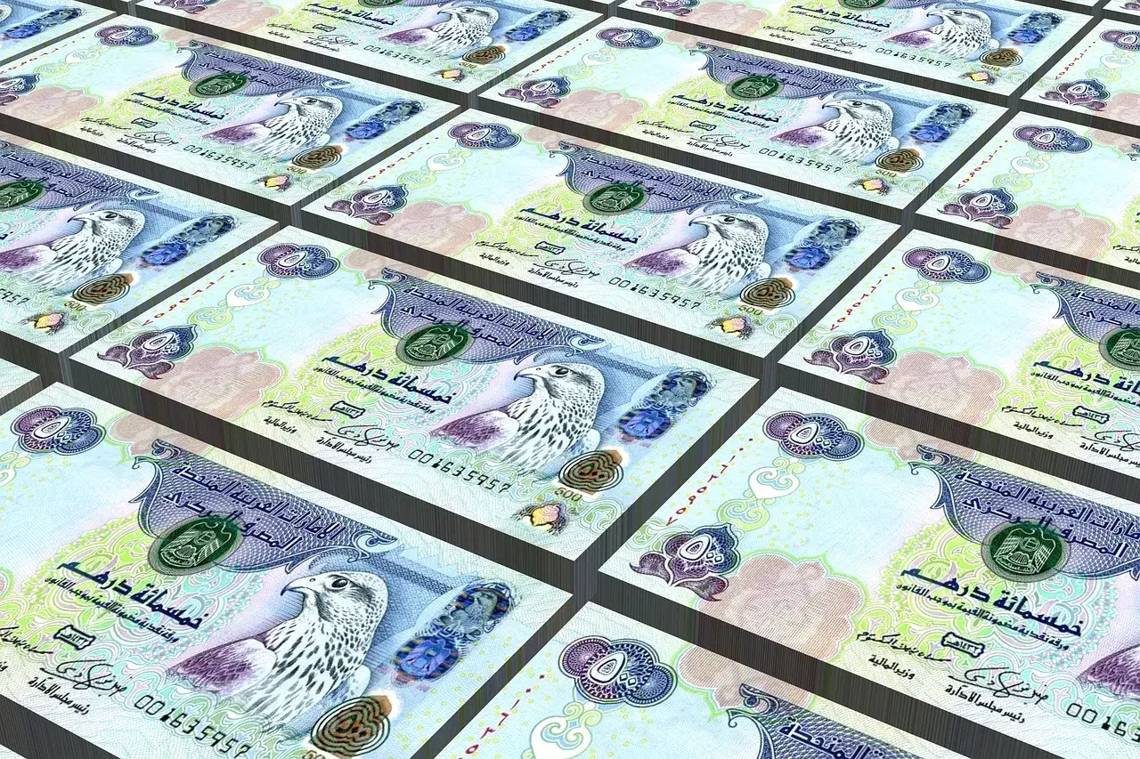 Paczka banknotów 500 dirhamów, waluty Zjednoczonych Emiratów Arabskich. Na każdym widnieje sokół.