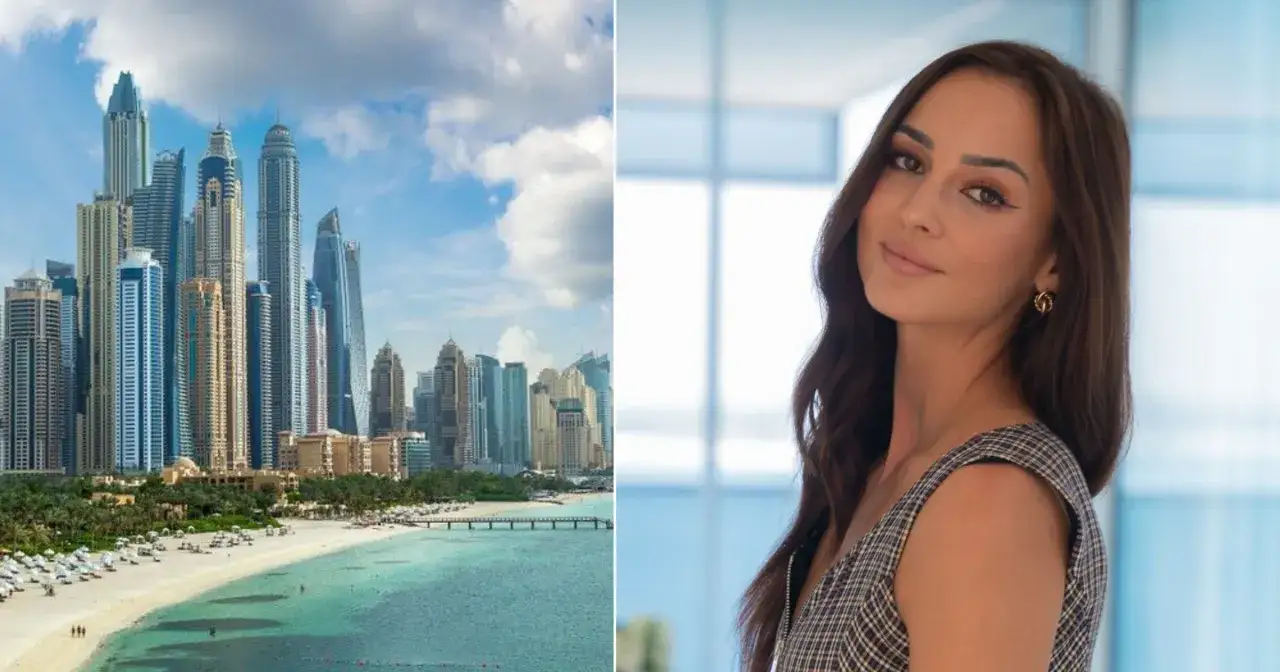 Widok na apartamenty w Dubaju z plażą i morzem po lewej, uśmiechnięta kobieta po prawej.