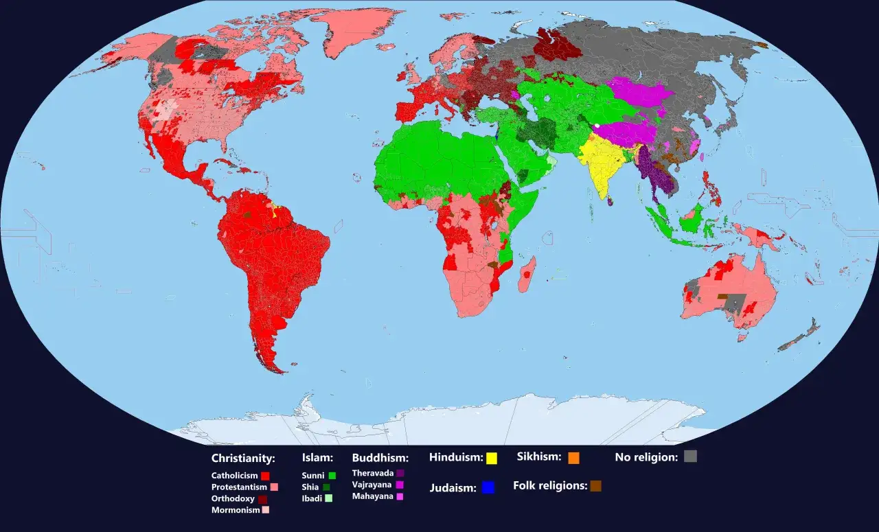 Mapa świata pokazująca, ile jest religii na świecie. Różne kolory oznaczają dominujące wyznania: chrześcijaństwo, islam, buddyzm, hinduizm, sikhizm, judaizm, religie etniczne i brak religii.