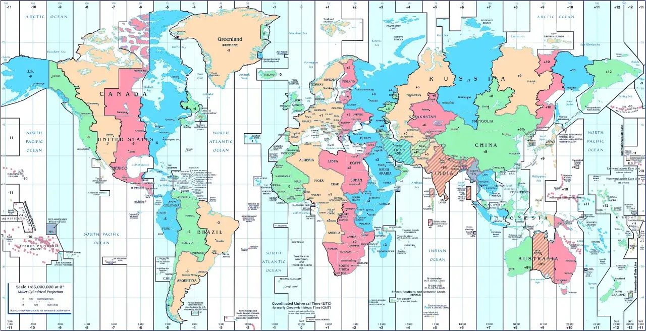 Mapa świata pokazuje, ile jest stref czasowych w USA: od -11 do -5.