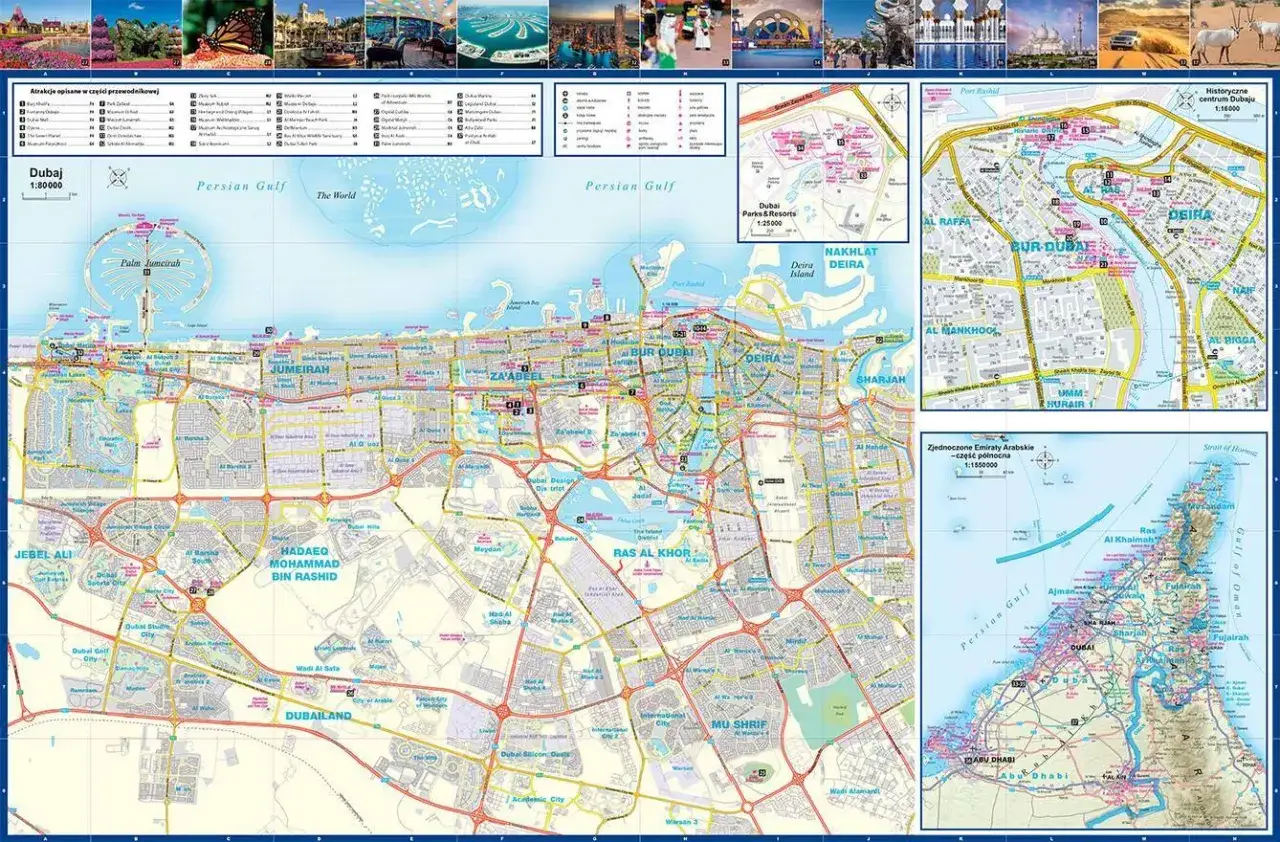 Mapa pokazuje Dubaj, część Zjednoczonych Emiratów Arabskich. Widoczne są wyspy Palm Jumeirah, The World, dzielnice Jumeirah, Deira, Bur Dubai, a także autostrady i zatokę.