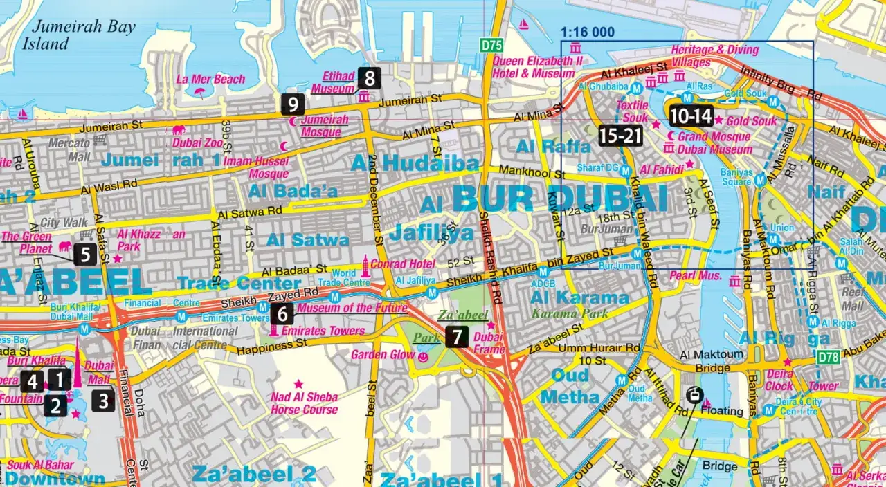 Mapa pokazuje Dubaj, Zjednoczone Emiraty Arabskie, z zaznaczonymi atrakcjami jak Burdż Chalifa, Dubai Mall i Muzeum Przyszłości.